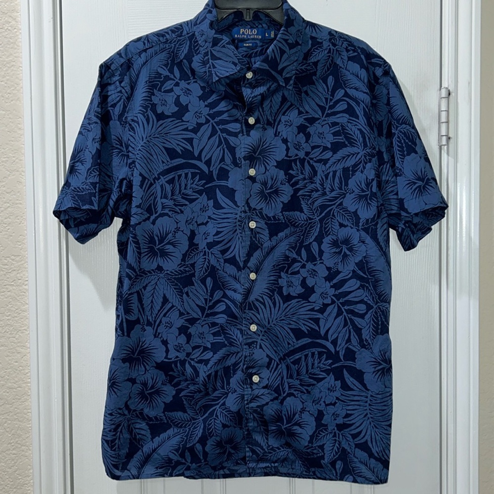 Polo Ralph Lauren Hawaiian Shirt Blue Men’s Slim Fit Large Floral Tropical Beach